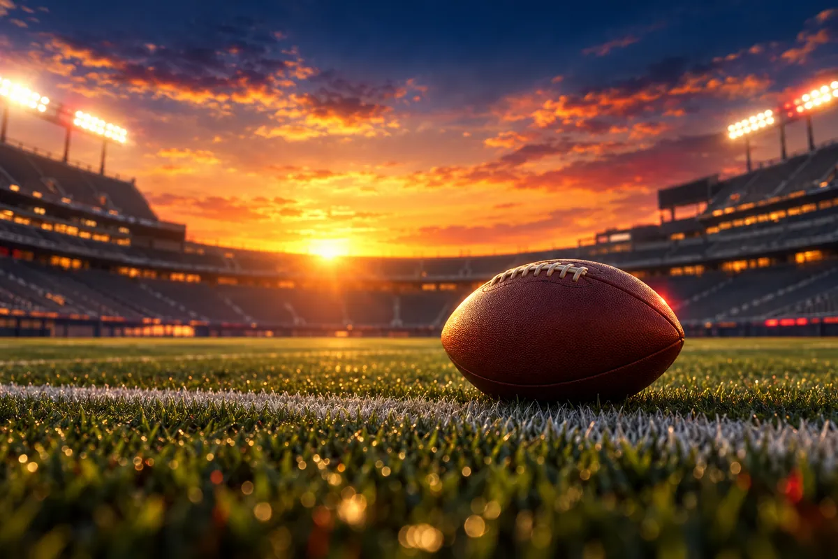 An American football on the line of scrimmage in an empty stadium at sunrise