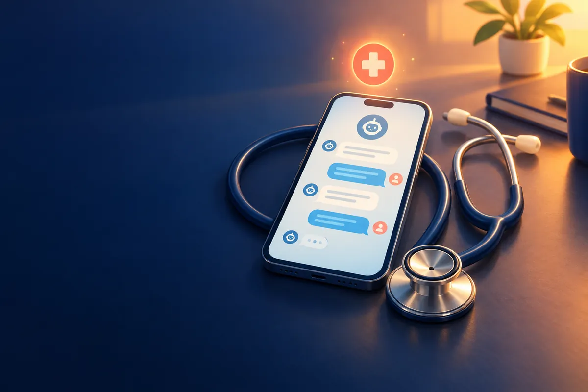 A smartphone showing a chatbot conversation, resting next to a stethoscope under a glowing medical cross