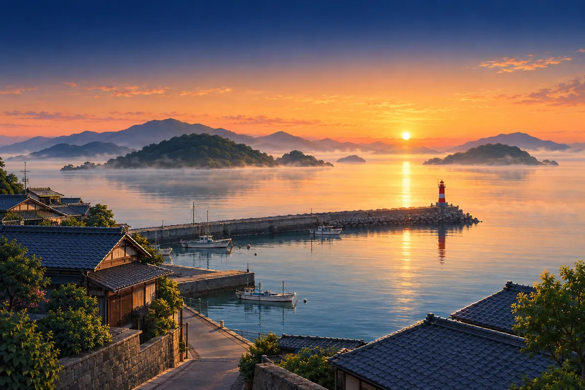 A quiet harbour with a small lighthouse and green islands on the Seto Inland Sea at sunrise