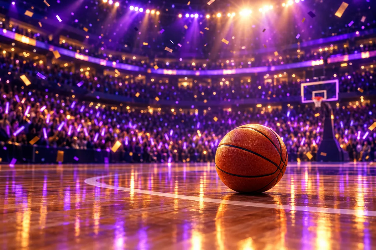 A basketball on a glossy court in a packed arena glowing with violet light and confetti